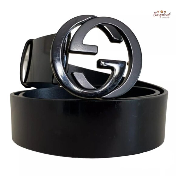 Authentic Gucci Black Glossy Leather Black/Gold Interlocking G Buckle Belt 85/34 - Picture 1 of 12